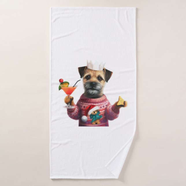 Festive Party Border Terrier   Bath Towel (Bath Towel)