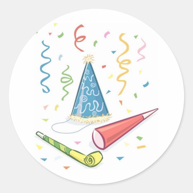 Festive Party Hat with Noisemakers Classic Round Sticker (Front)