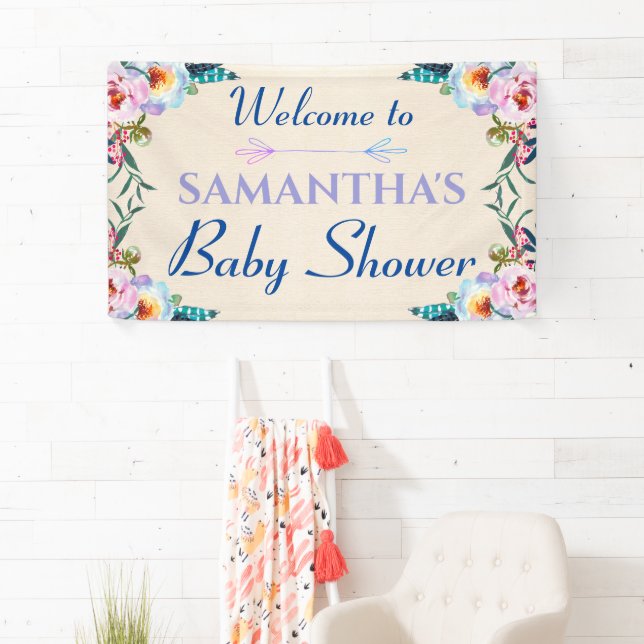 Festive Pastel Boho Floral Baby Shower Welcome Banner (Insitu)