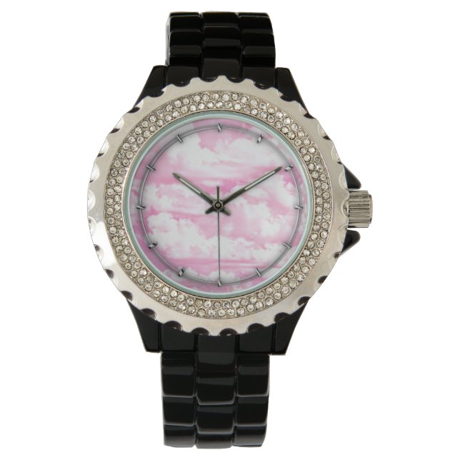 Festive Pastel Pink happy Clouds Watch (Front)