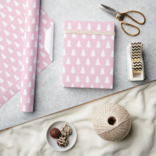Festive Pastel Pink White Christmas Tree pattern Wrapping Paper