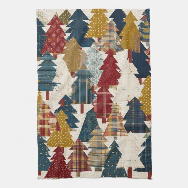 Festive Patchwork Christmas Tree Pattern (2) Tea Towel (Vertical)