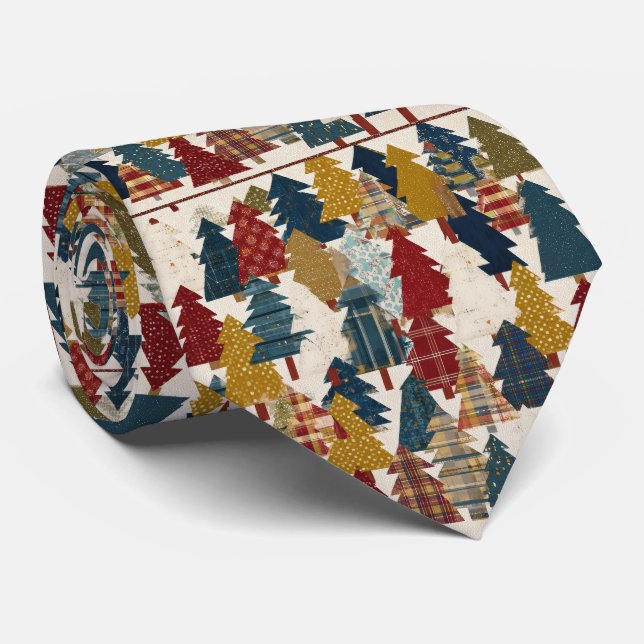 Festive Patchwork Christmas Tree Pattern (2) Tie (Rolled)