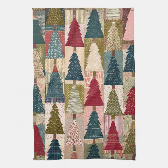 Festive Patchwork Christmas Tree Pattern (3) Tea Towel (Vertical)