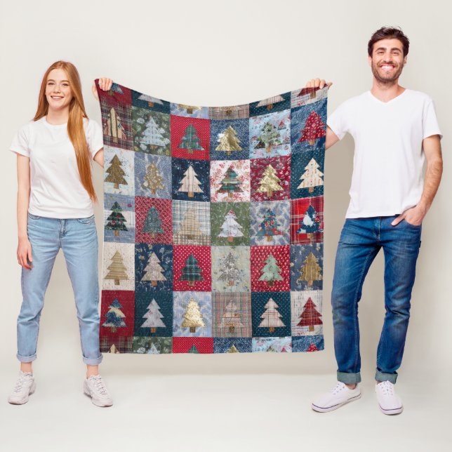 Festive Patchwork Christmas Tree Pattern (4) Fleece Blanket (In Situ)