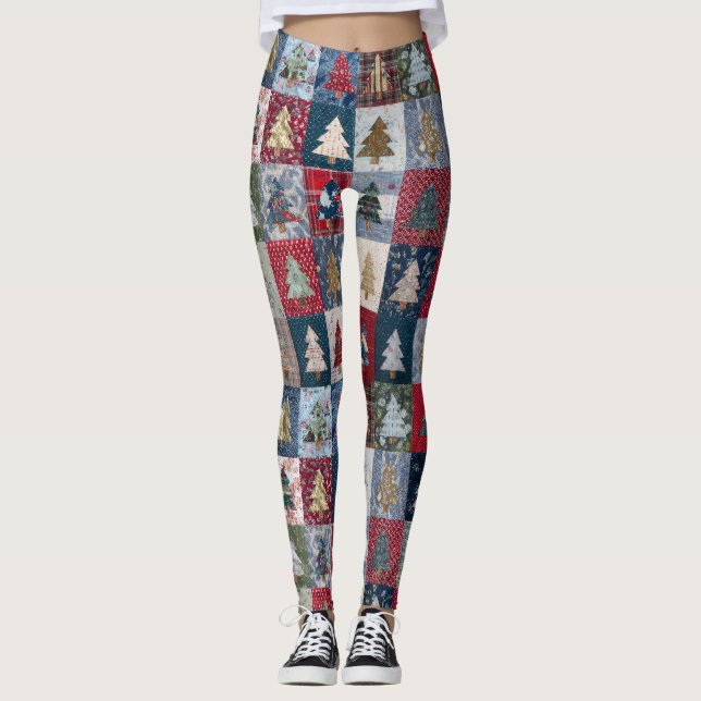 Festive Patchwork Christmas Tree Pattern (4) Leggings (Front)