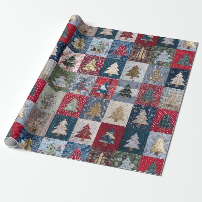 Festive Patchwork Christmas Tree Pattern (4) Wrapping Paper (Unrolled)