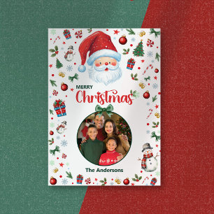 Festive Pattern One Photo Santa Merry Christmas Holiday Card