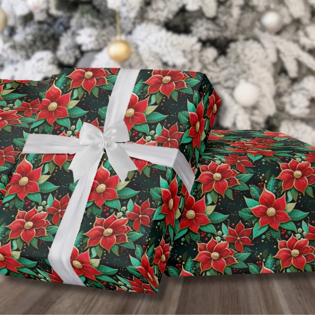Festive Pattern Poinsettia Flowers Christmas Wrapping Paper (Festive Pattern Poinsettia Flowers Christmas Wrapping Paper)