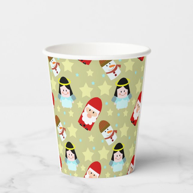 festive pattern with angels, Santa and snowman Paper Cups (Back)