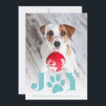 Festive Paws | Pet Photo Holiday Card<br><div class="desc">Whimsical holiday photo card features a favourite photo of your dog with "JOY" as a vibrant turquoise text overlay at the bottom. A sweet paw print illustration takes the place of the "O." Personalise with your custom greeting and names along the bottom.</div>