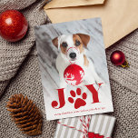 Festive Paws | Pet Photo Holiday Card<br><div class="desc">Whimsical holiday photo card features a favourite photo of your dog with "JOY" as a red text overlay at the bottom. A sweet paw print illustration takes the place of the "O." Personalise with your custom greeting and names along the bottom.</div>