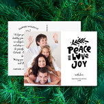 Festive Peace Love Joy, Family Photo Christmas Postcard<br><div class="desc">Spread holiday cheer with this postcard featuring festive hand lettered typography art that reads "Peace Love Joy". Customise by uploading your vertical photo. The backside features your custom greetings, name and note (or delete to leave space for a handwritten note). Add your return address to the back too. Festive and...</div>