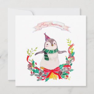Festive Penguin Christmas Wreath Holiday Card