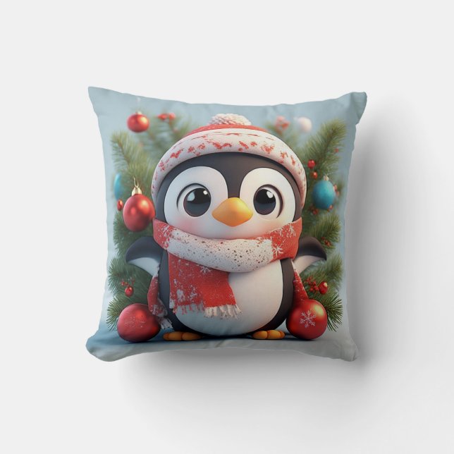  Festive Penguin Decorated With Holiday Ornaments Cushion (Front)