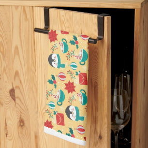 "Festive Penguin Holiday Pattern" Tea Towel