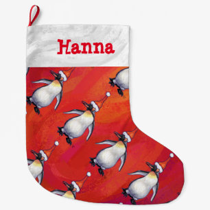 Festive Penguin in a Santa Hat Pattern Large Christmas Stocking