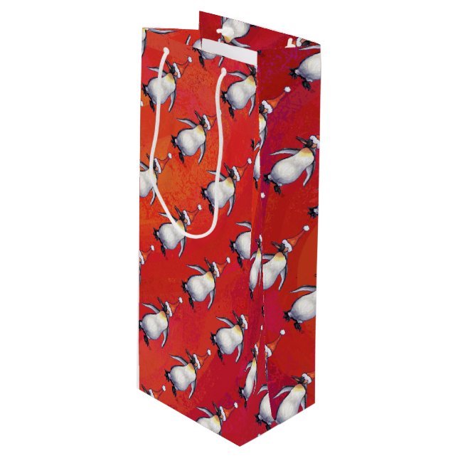 Festive Penguin in a Santa Hat Pattern Wine Gift Bag (Front Angled)