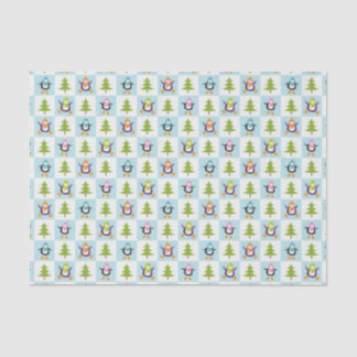 Festive Penguins and Christmas Trees Pattern Tissue Paper