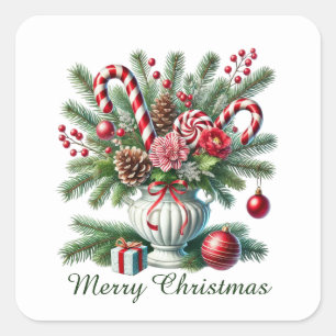 Festive peppermint candy Merry Christmas Square Sticker