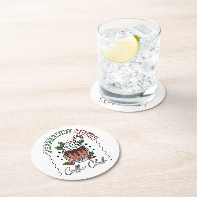 Festive Peppermint Mocha Coffee Cup Design Round Paper Coaster (Insitu)