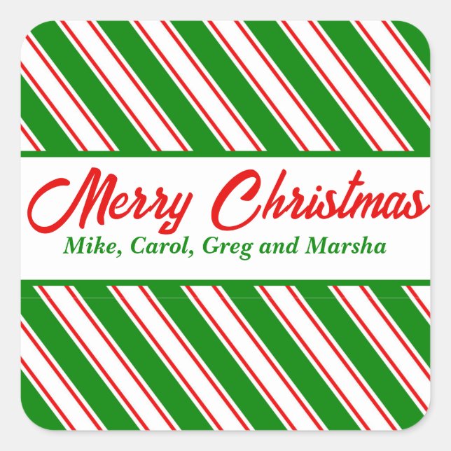 Festive Peppermint Striped Custom Christmas Square Sticker (Front)