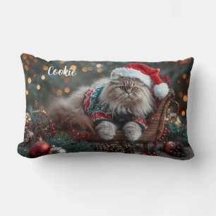 Festive Persian Cat Christmas Personalised Lumbar Cushion