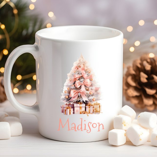 Festive Personalised Pink Christmas Tree Coffee Mug (Personalized Pink Christmas Tree Coffee Mug, Hot Cocoa, Festive Holiday Gift Idea for Her, Friend)