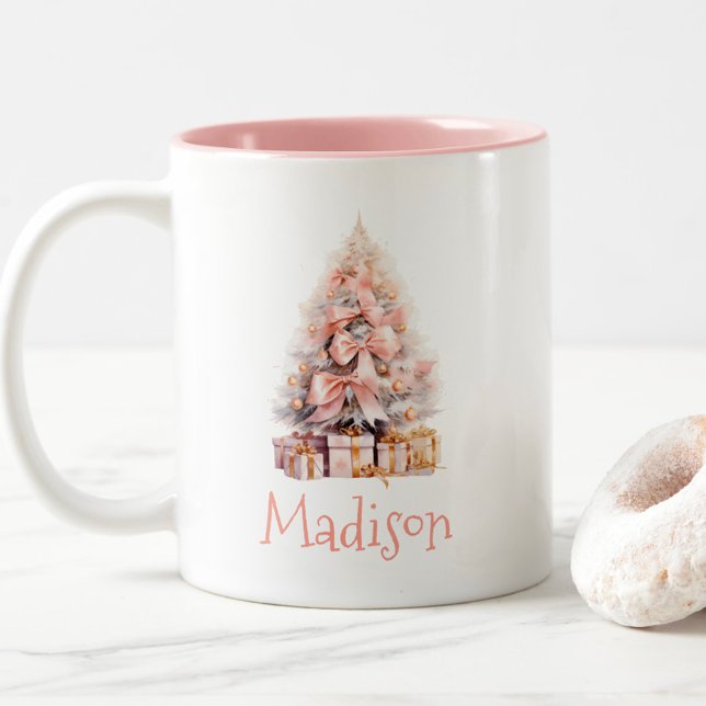 Festive Personalised Pink Christmas Tree Two-Tone Coffee Mug (Personalized Pink Christmas Tree Coffee Mug, Hot Cocoa, Festive Holiday Gift Idea for Her, Friend)