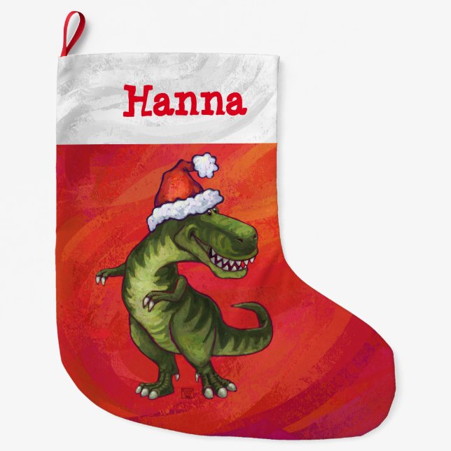 Festive Personalised Tyrannosaurus Christmas Large Christmas Stocking (Front)