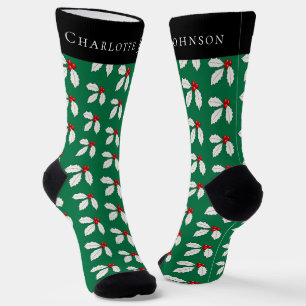 Festive Personalized Holly Berry Green Christmas Socks