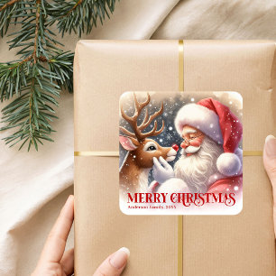 Festive Personalized Santa and Rudolph Christmas  Square Sticker