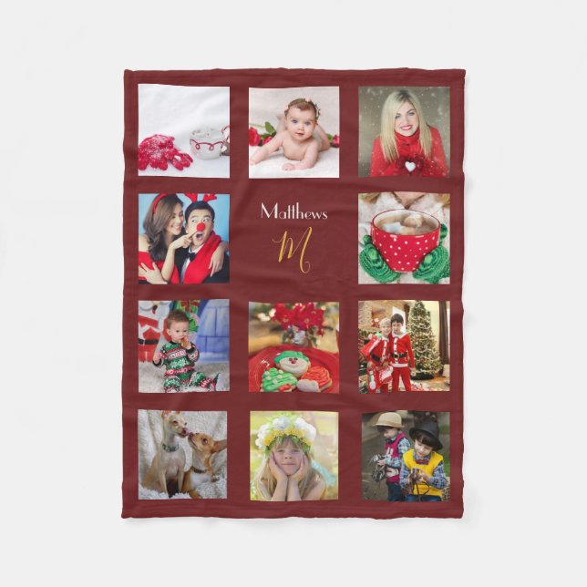 Festive Photo Collage Christmas Monogrammed Fleece Blanket (Front)