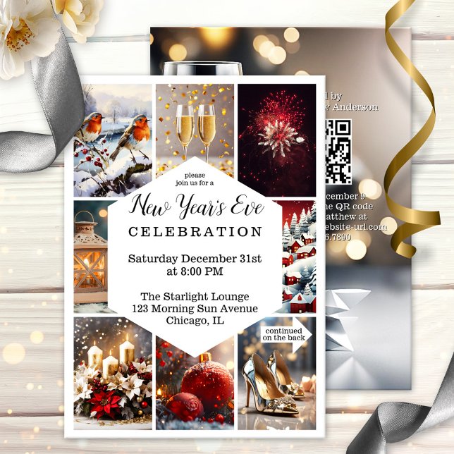 Festive Photo Collage New Year's Eve Party Invitation (A festive New Year's Eve party invitation featuring your custom photos on a grid - with QR code)