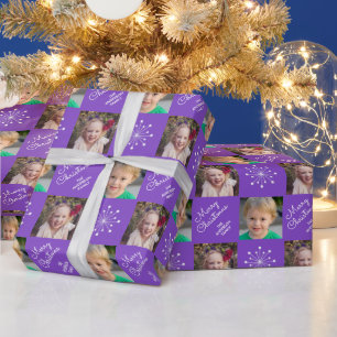 Festive Photo Collage Purple Merry Christmas Wrapping Paper