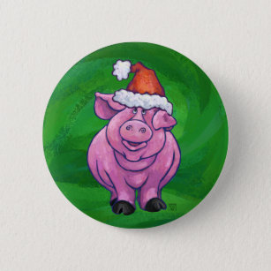 Festive Pig in Santa Hat on Green 6 Cm Round Badge