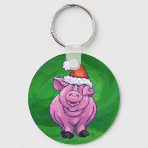 Festive Pig in Santa Hat on Green Key Ring