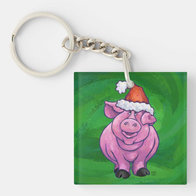 Festive Pig in Santa Hat on Green Key Ring (Front)
