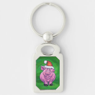 Festive Pig in Santa Hat on Green Key Ring