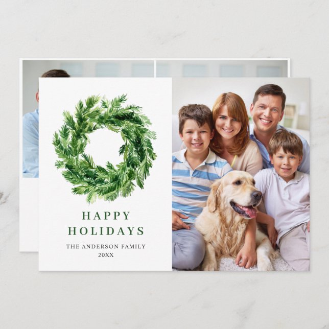 Festive Pine Branch Wreath Christmas Pine 3 PHOTO Holiday Card (Front/Back)