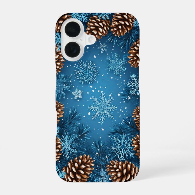 Festive Pine Cones and Snowflakes iPhone 16 Case (Back)