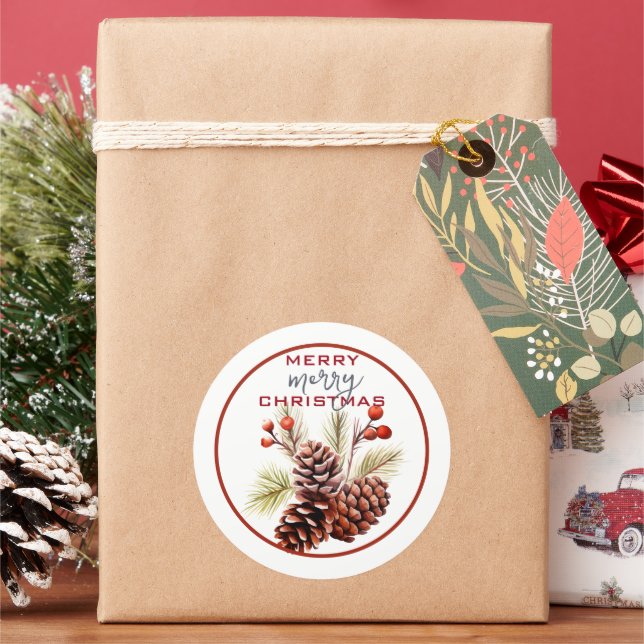 FESTIVE PINE CONES & GREENERY Christmas Classic Round Sticker (Holiday)