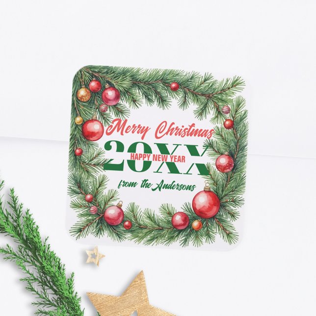 Festive Pine Garland Christmas Greetings Square Sticker (Creator Uploaded)