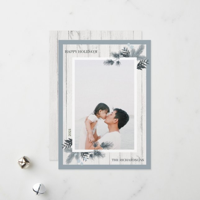 Festive Pine & Rustic White Wooden Shiplap Photo Holiday Card (Front/Back In Situ)