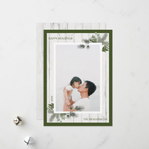 Festive Pine & Rustic White Wooden Shiplap Photo Holiday Card