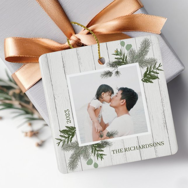 Festive Pine & Rustic White Wooden Shiplap Photos Ceramic Ornament (Festive Pine & Rustic White Wooden Shiplap Photos Ceramic Ornament)