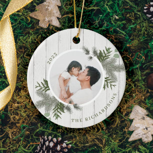 Festive Pine & Rustic White Wooden Shiplap Photos Ceramic Tree Decoration