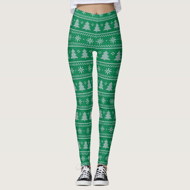 Festive Pine Trees Christmas Sweater Knit Pattern Leggings (Front)