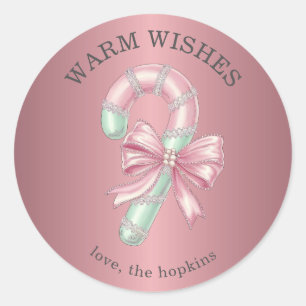 Festive Pink and Green Glitter Shiny Candy Cane Classic Round Sticker