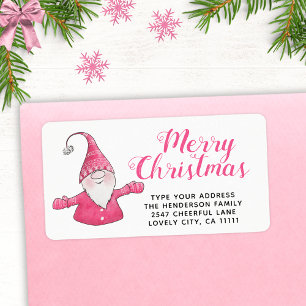 Festive Pink and White Cute Gnome Merry Christmas Label